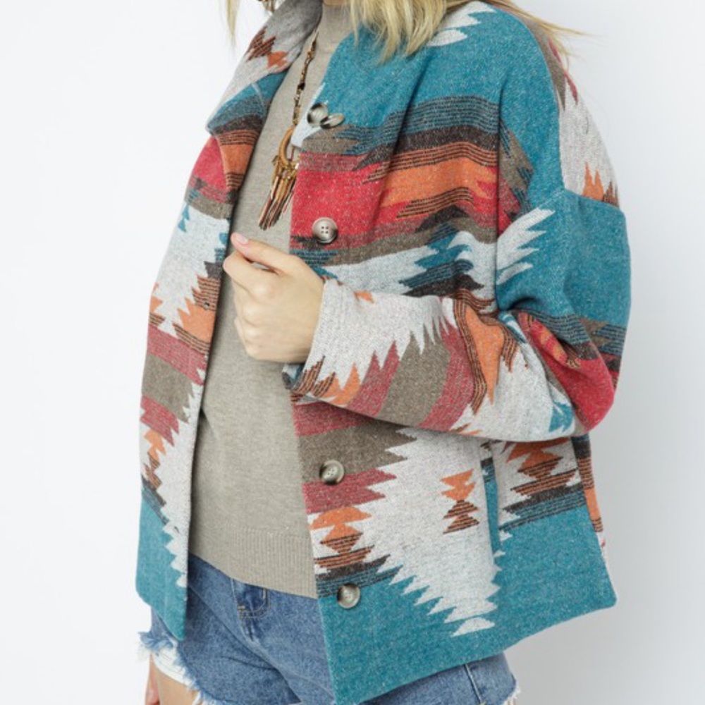 New Tribal Aztec Print Flannel Shacket Coat Jacket - Picture 6 of 11